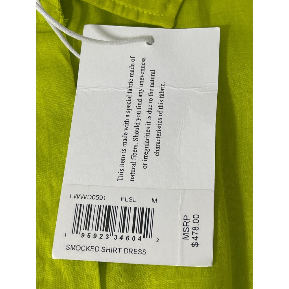 FRAME Smocked Shirt Dress Flash Lime Ramie Mini Puff Sleeve LWWD0591 Medium New - Picture 7 of 10